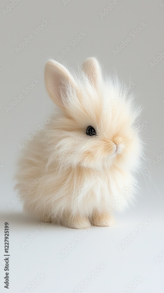 Delicate action of a fluffy angora rabbit on ivory background children's book art wool felt fabric charming viewpoint