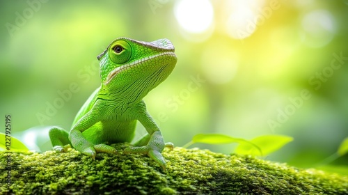 Green lizard on moss, jungle, sunlit, wildlife photo