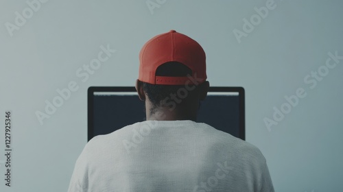 A modern, stylish photo of a young tech entrepreneur, wearing a red cap, working on a computer with a focused expression. The image showcases a minimalist workspace with a calm, professional vibe. photo