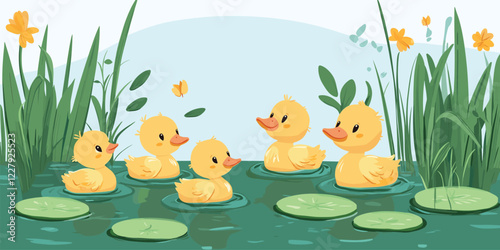 Adorable ducklings swimming in a pond illustration  
