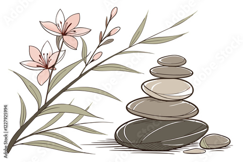 smooth river stones, stacked zen pebbles, balanced rocks, natural texture, soft earthy tones, minimalist composition, tranquil spa aesthetic, white background, high-resolution detail, macro photograph