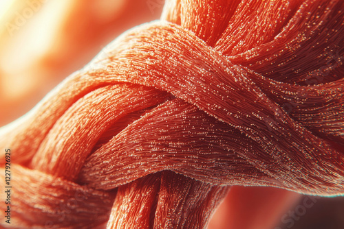 Close-up of human muscle tissue showing striations and connective fibers under soft natural light photo