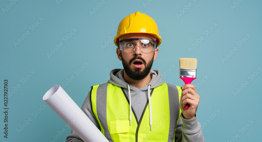 Construction worker with hard hat and safety glasses holds paint brush and blueprints. Construction worker wearing safety vest looking surprised Construction worker with hard hat and safety glasses holds paint brush and blueprints. Construction worker wearing safety vest looking surprised