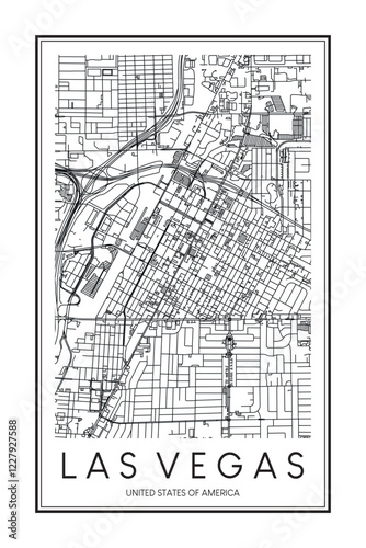 Printable downtown road map poster of the USA city of LAS VEGAS on solid white background with city name