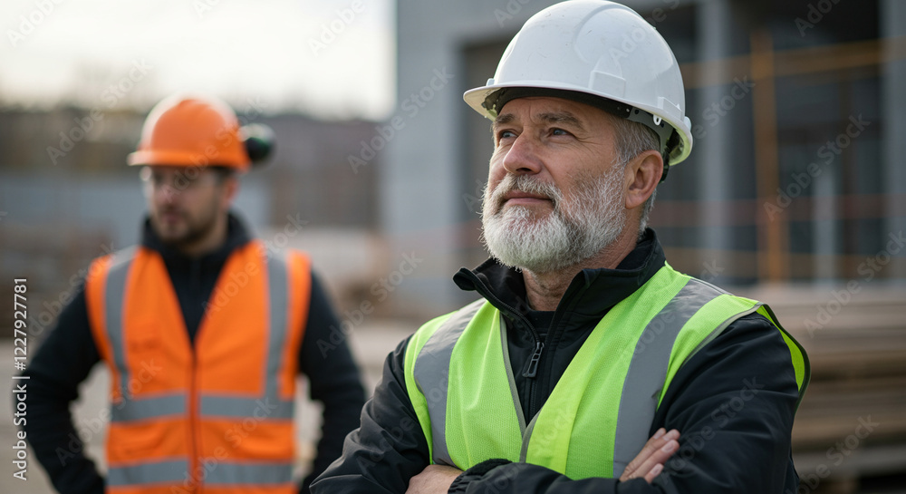 Construction workers wearing hard hats and safety vests stand on construction site. Two construction workers are on the construction site Construction workers wearing hard hats and safety vests stand on construction site. Two construction workers are on the construction site