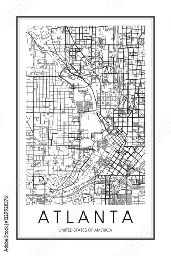 Printable downtown road map poster of the USA city of ATLANTA on solid white background with city name