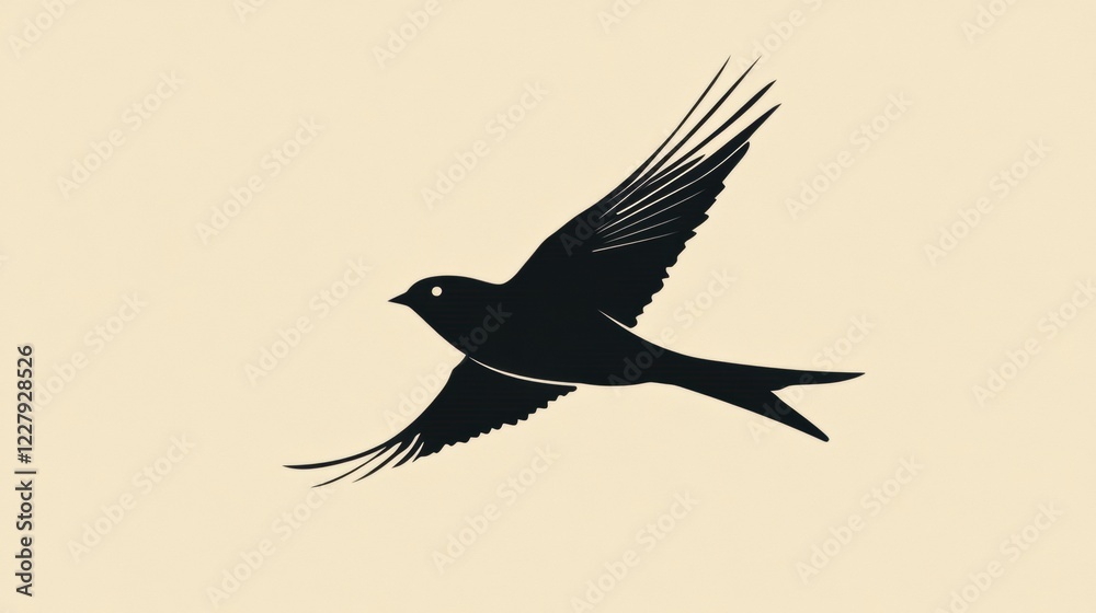 Fototapeta premium Stylized black bird soaring against a solid light background during daylight. Generative AI