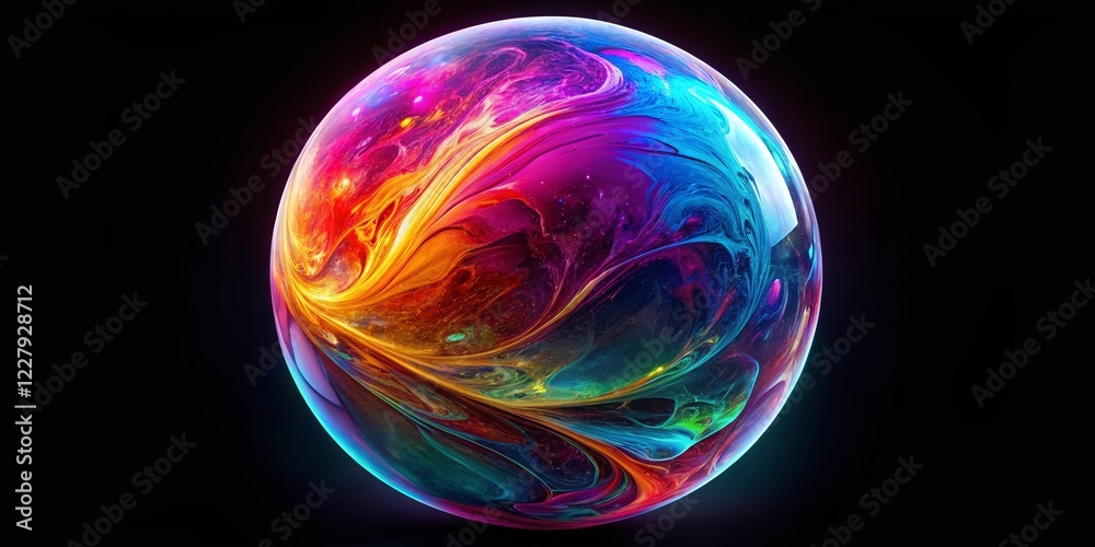 Glowing Crystal Marble Sphere: Abstract Digital Fantasy Hypnotic Ball on Black Background Glowing Crystal Marble Sphere: Abstract Digital Fantasy Hypnotic Ball on Black Background
