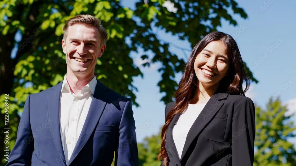 Portait of smiling businessman and casual businesswoman outdoors