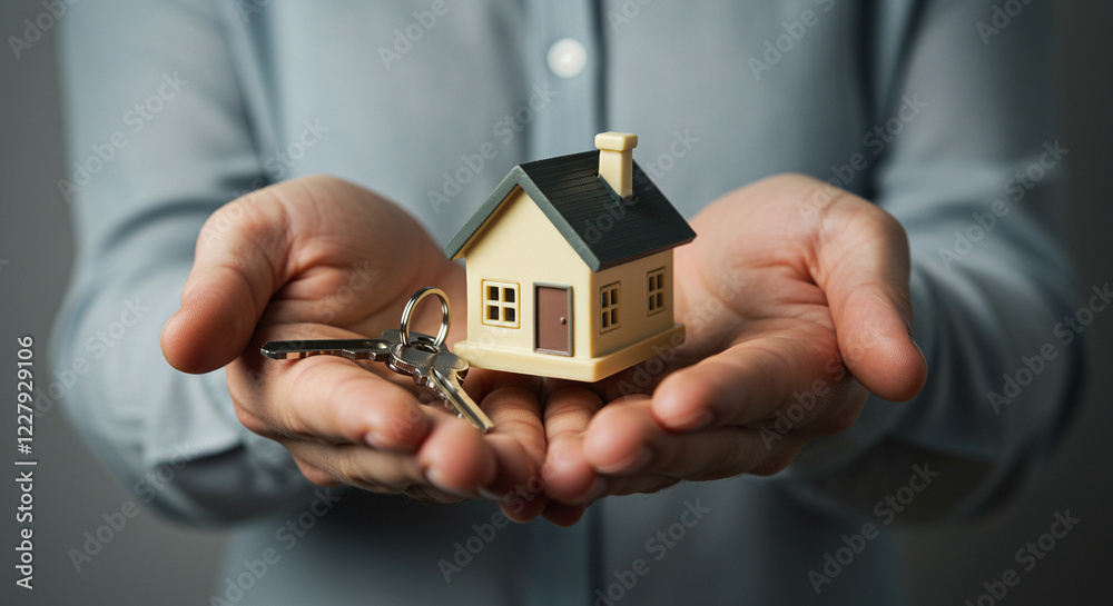 House model and house keys in hands. Real estate concept with house model and keys House model and house keys in hands. Real estate concept with house model and keys