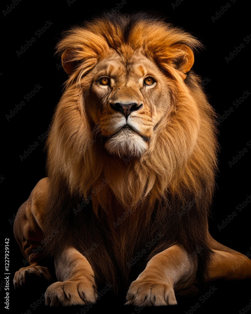 Lion Sitting and Looking Away, 10-year old Panthera Leo. Isolated Image of Adult Lion in Wildlife Setting Lion Sitting and Looking Away, 10-year old Panthera Leo. Isolated Image of Adult Lion in Wildlife Setting