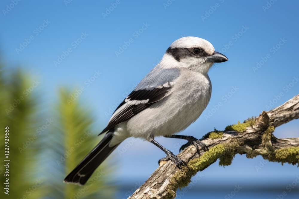 Loggerhead Shrike Perched on Florida Background. Black, White, and Blue Bird in Natural Wildlife Habitat Loggerhead Shrike Perched on Florida Background. Black, White, and Blue Bird in Natural Wildlife Habitat