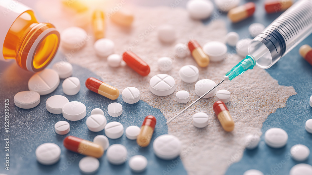 Map of United States with various pills and syringe, symbolizing healthcare and medication. image evokes sense of urgency and awareness about health issues Map of United States with various pills and syringe, symbolizing healthcare and medication. image evokes sense of urgency and awareness about health issues