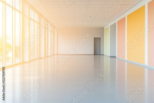 high quality stock photo of empty coworking space with colorful diversity and inclusion banner displayed near entrance photo