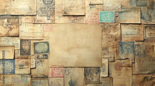 A vintage travel collage featuring passport visas and stamps on a sepia-textured background, perfect for a panoramic web banner.