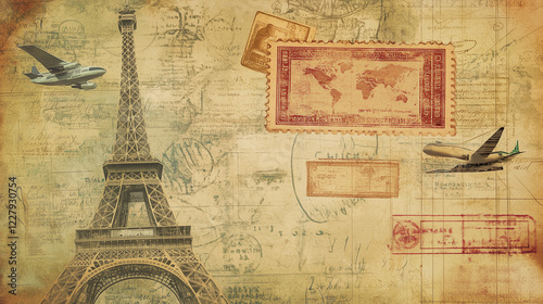 A panoramic web banner showcasing a vintage travel collage with passport stamps and visas against a sepia-textured backdrop.
