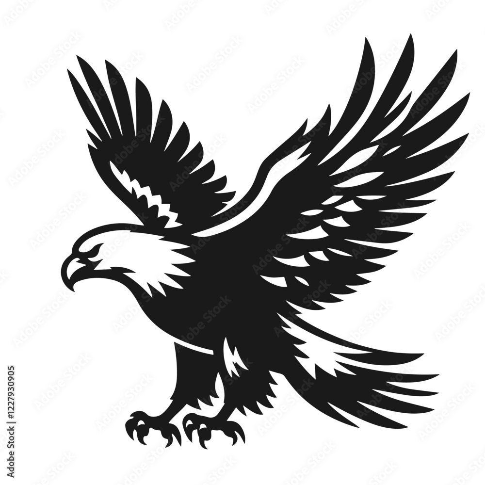 Fototapeta premium Clean black and white vector silhouette of eagle on white background
