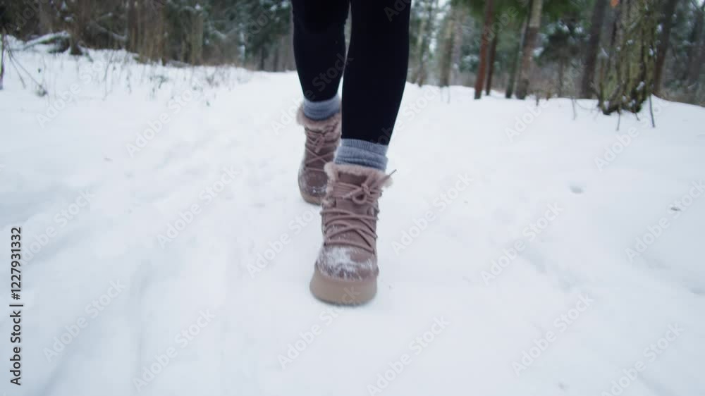 Man or woman in brown winter boots walks along a snowy road. Close-up, follow in winter forest park hiking.