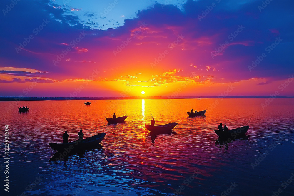 Dramatic sunset over a tranquil lake with fishing boats silhouetted against the vibrant sky Dramatic sunset over a tranquil lake with fishing boats silhouetted against the vibrant sky
