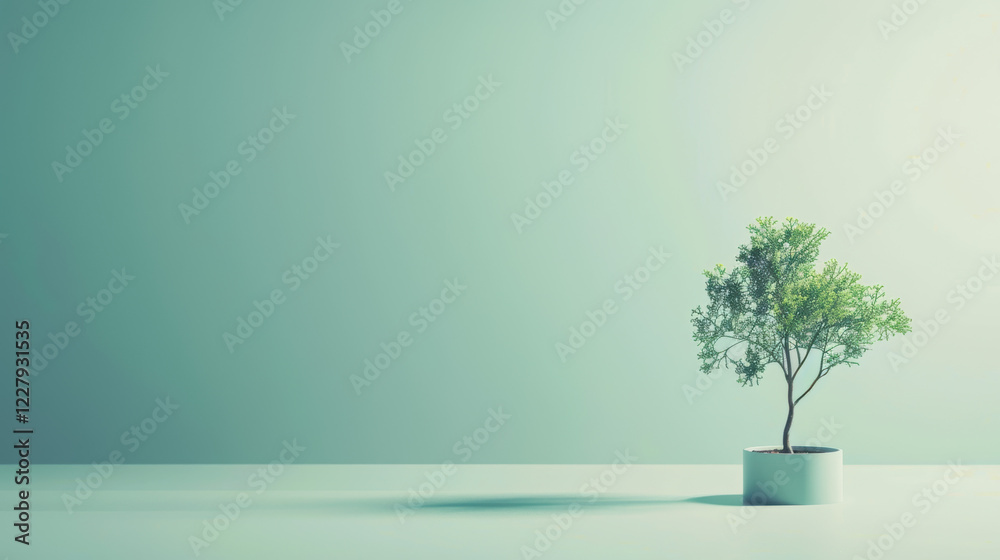 A small green plant in a white pot sits on a light blue surface. A small green plant in a white pot sits on a light blue surface.