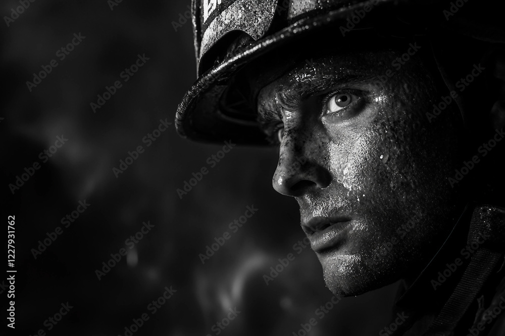 Generative AI Black and White Portrait of a Serious Firefighter in Uniform Generative AI Black and White Portrait of a Serious Firefighter in Uniform
