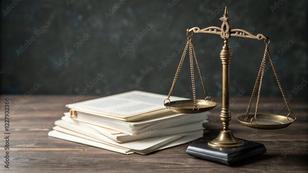 Scale of Justice with Stack of Documents on Clean Background, law regulation policy, business legal compliance concept Scale of Justice with Stack of Documents on Clean Background, law regulation policy, business legal compliance concept
