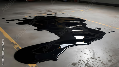 Spilled Engine Oil on Workshop Floor Highlighting Environmental Hazards