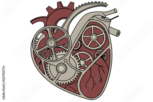 steampunk heart, mechanical gears, clockwork, biomechanical, intricate details, metallic textures, silver and bronze cogs, red organic tissue, hyper-realistic, 3D rendering, high contrast, studio ligh
