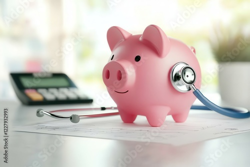 A pink piggy bank with a stethoscope symbolizes financial health and savings, set against a backdrop of a calculator and financial documents.