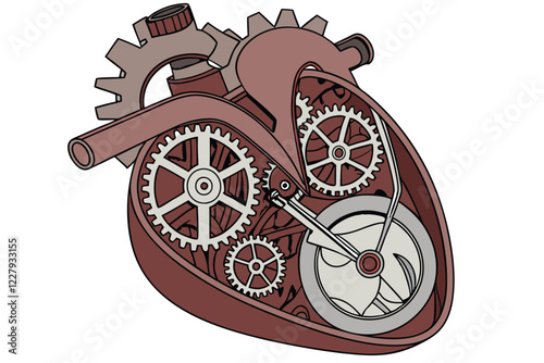 steampunk heart, mechanical gears, clockwork, biomechanical, intricate details, metallic textures, silver and bronze cogs, red organic tissue, hyper-realistic, 3D rendering, high contrast, studio ligh