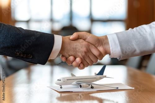 A handshake over a model airplane on a table, symbolizing a business agreement in the aviation industry.