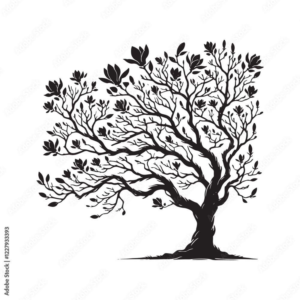 Fototapeta premium Captivating Magnolia Tree silhouette ideal for creative and nature-based designs - Magnolia tree silhouette - Magnolia tree vector - Magnolia tree illustration - Magnolia silhouette - Magnolia vector 