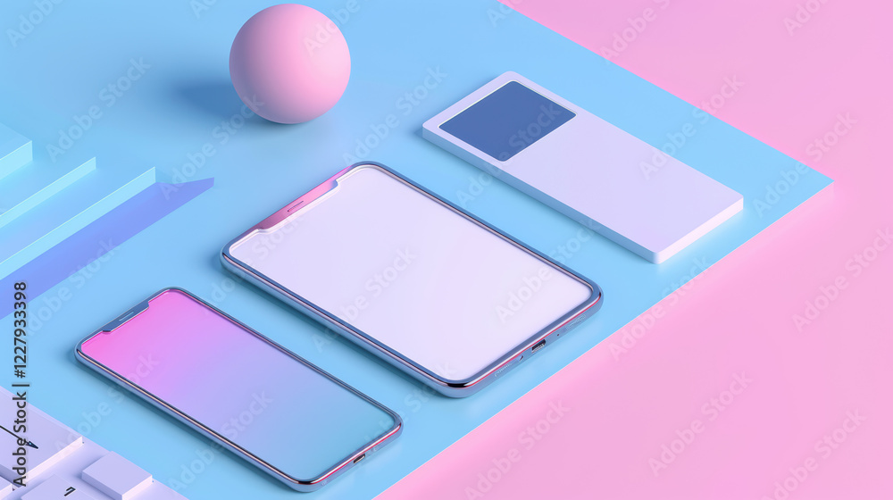 A pink and blue background with three electronic devices on it. A pink and blue background with three electronic devices on it.