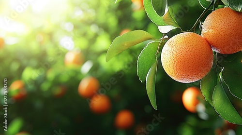 Ripe tangerines hang from branches, surrounded by lush green leaves in an orchard, illuminated by soft sunlight.