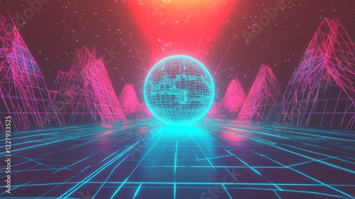 Retrowave aesthetic banners set. Vector realistic illustration of y2k style posters with blue wireframe globe, lines on gray background, retro futuristic vibe flyers, geometric 3D design elements