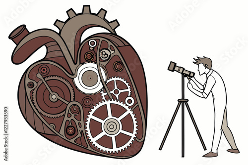 steampunk heart, mechanical gears, clockwork, biomechanical, intricate details, metallic textures, silver and bronze cogs, red organic tissue, hyper-realistic, 3D rendering, high contrast, studio ligh
