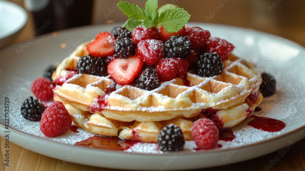 Delicious Waffles Topped With Fresh Berries and Mint Served on a Plate at a Cozy Restaurant During Brunch. Generative AI Delicious Waffles Topped With Fresh Berries and Mint Served on a Plate at a Cozy Restaurant During Brunch. Generative AI