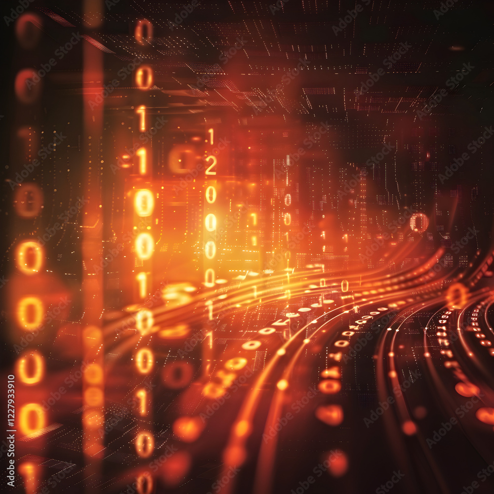 Abstract digital background featuring binary code and glowing lines in warm colors. Abstract digital background featuring binary code and glowing lines in warm colors.