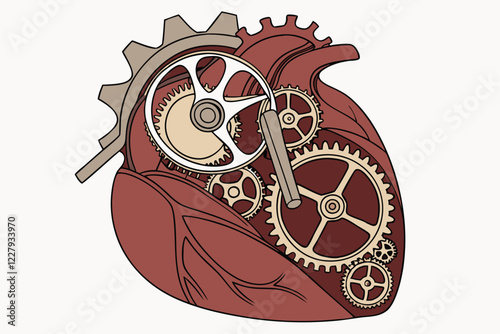 steampunk heart, mechanical gears, clockwork, biomechanical, intricate details, metallic textures, silver and bronze cogs, red organic tissue, hyper-realistic, 3D rendering, high contrast, studio ligh