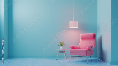 A pink armchair sits in a blue room, accompanied by a small white table and a hanging lamp. photo