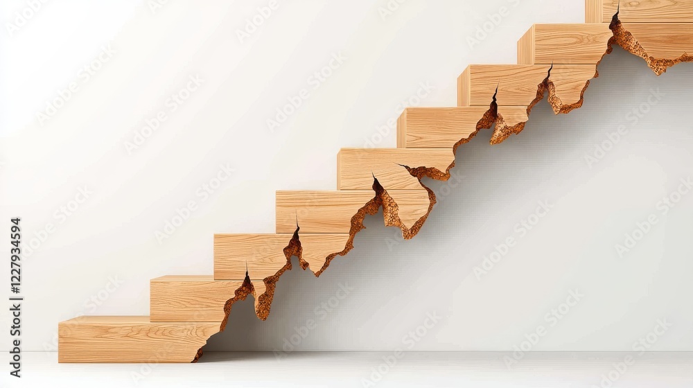 Fototapeta premium A stylized wooden staircase ascends against a light wall, showcasing a modern and minimalist design with unique, angular steps.