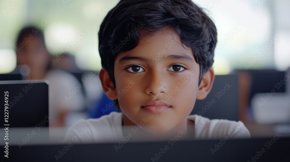 Young boy focused on computer screen in a classroom setting with peers engaged in learning Young boy focused on computer screen in a classroom setting with peers engaged in learning