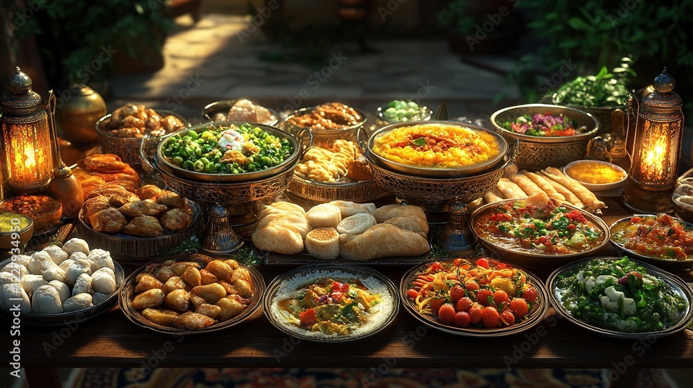 Obraz premium Middle Eastern feast on table in courtyard with lanterns, sunset glow