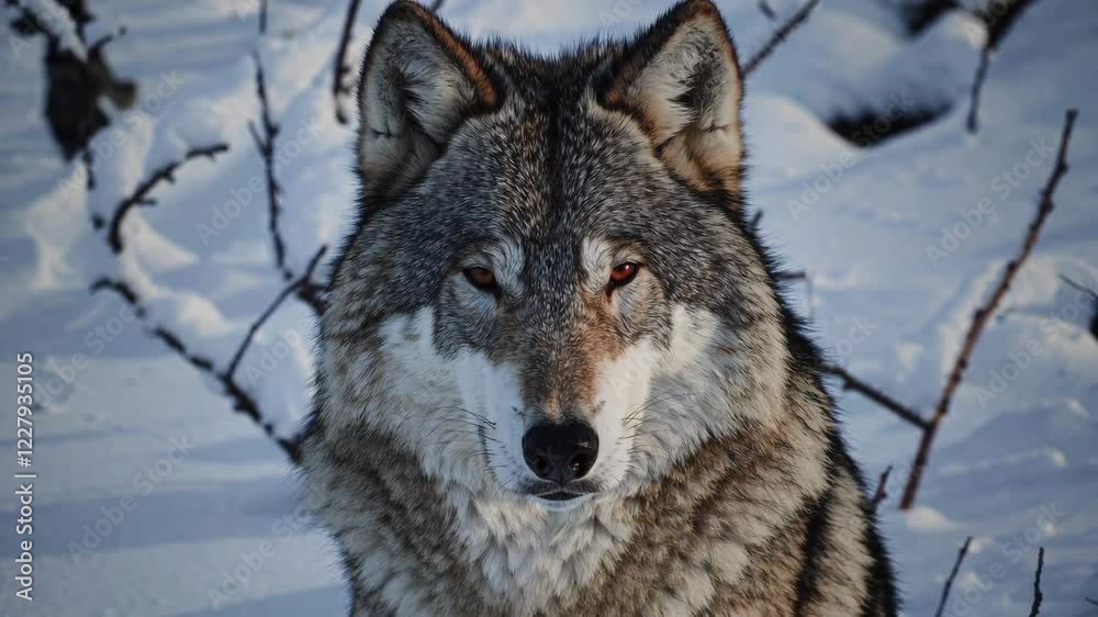 portrait of an intense redeyed canis lupus wolf in the snowy wilderness, displaying its powerful and enigmatic gaze portrait of an intense redeyed canis lupus wolf in the snowy wilderness, displaying its powerful and enigmatic gaze