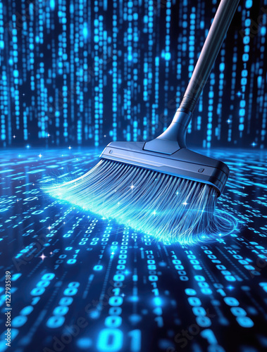 Digital Memory Cleanse in a Surreal Tech Landscape with Binary Code Patterns and Motion Blur Effects