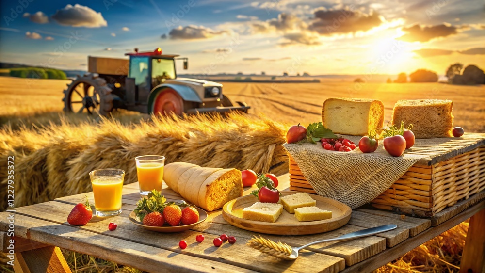 Fototapeta premium Golden Wheat Harvest: Farmer's Lunch Break near Bale Machine