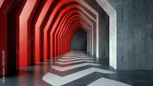 Abstract red and white arches casting dynamic shadows in a modern architectural space