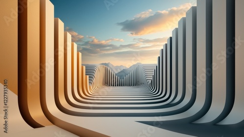 Abstract 3D geometric structure resembling a futuristic landscape with a sunset backdrop