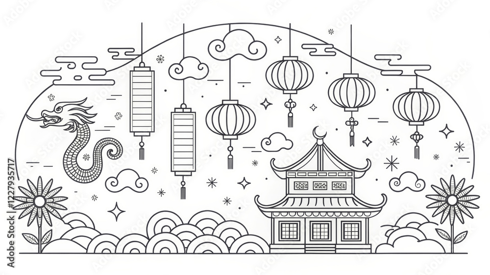 Fototapeta premium Traditional Chinese Culture Line Art Design - An intricate line art depicting traditional Chinese elements including a dragon, lanterns, clouds, and a pagoda, symbolizing culture and celebration.