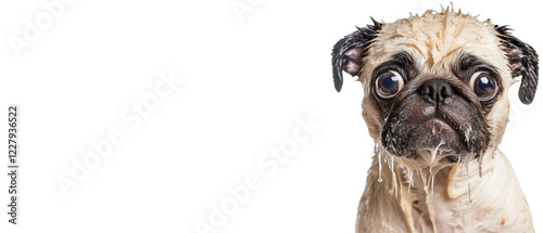 portrait of a wet dog: pug with funny face expression isolated over white background; concept of  domestic animal hygiene, bathing pets, spa for pupils photo